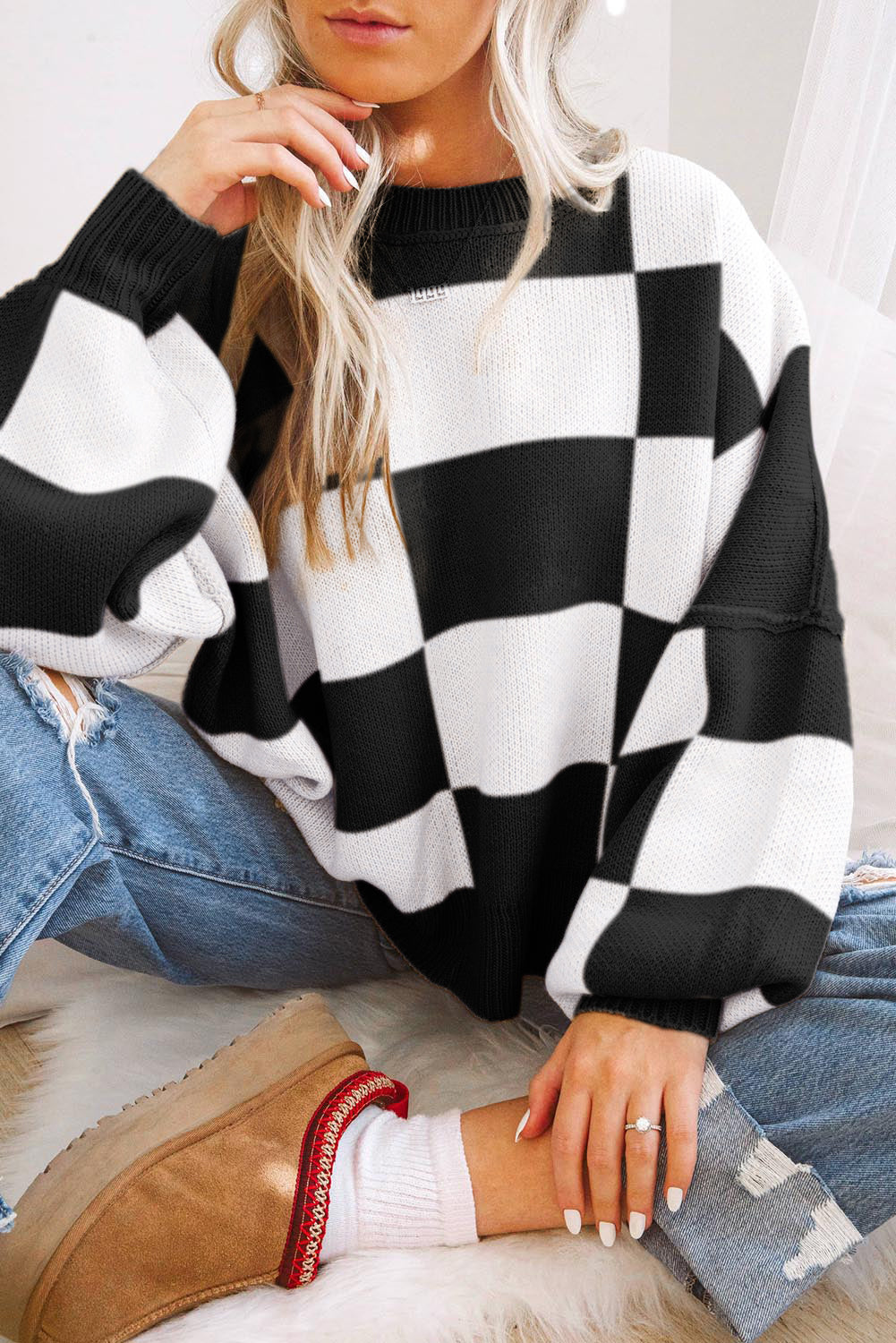 Checkered Bishop Sleeve Sweater