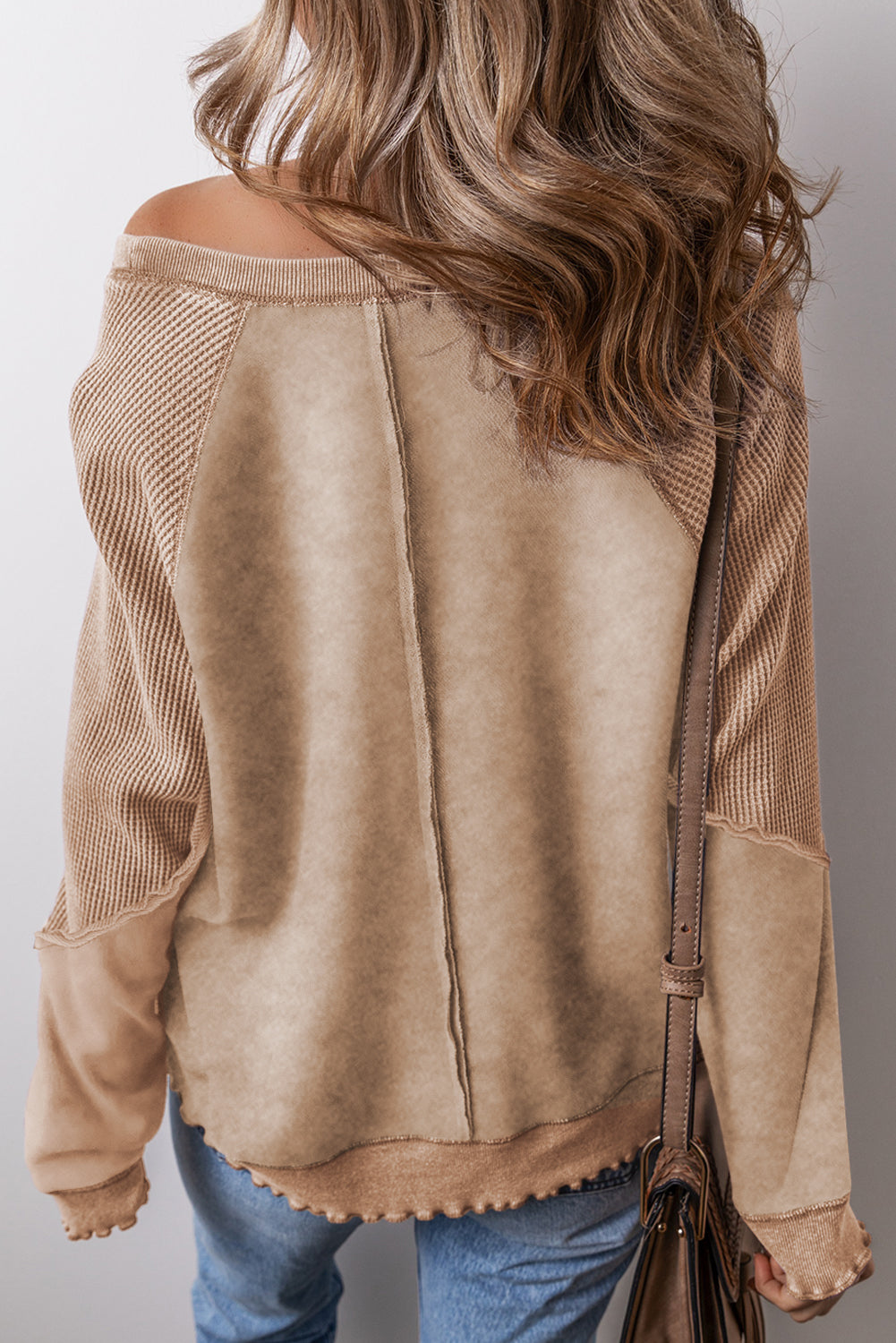 Light French Beige Patchwork Raglan Sleeve Exposed Seam Sweatshirt