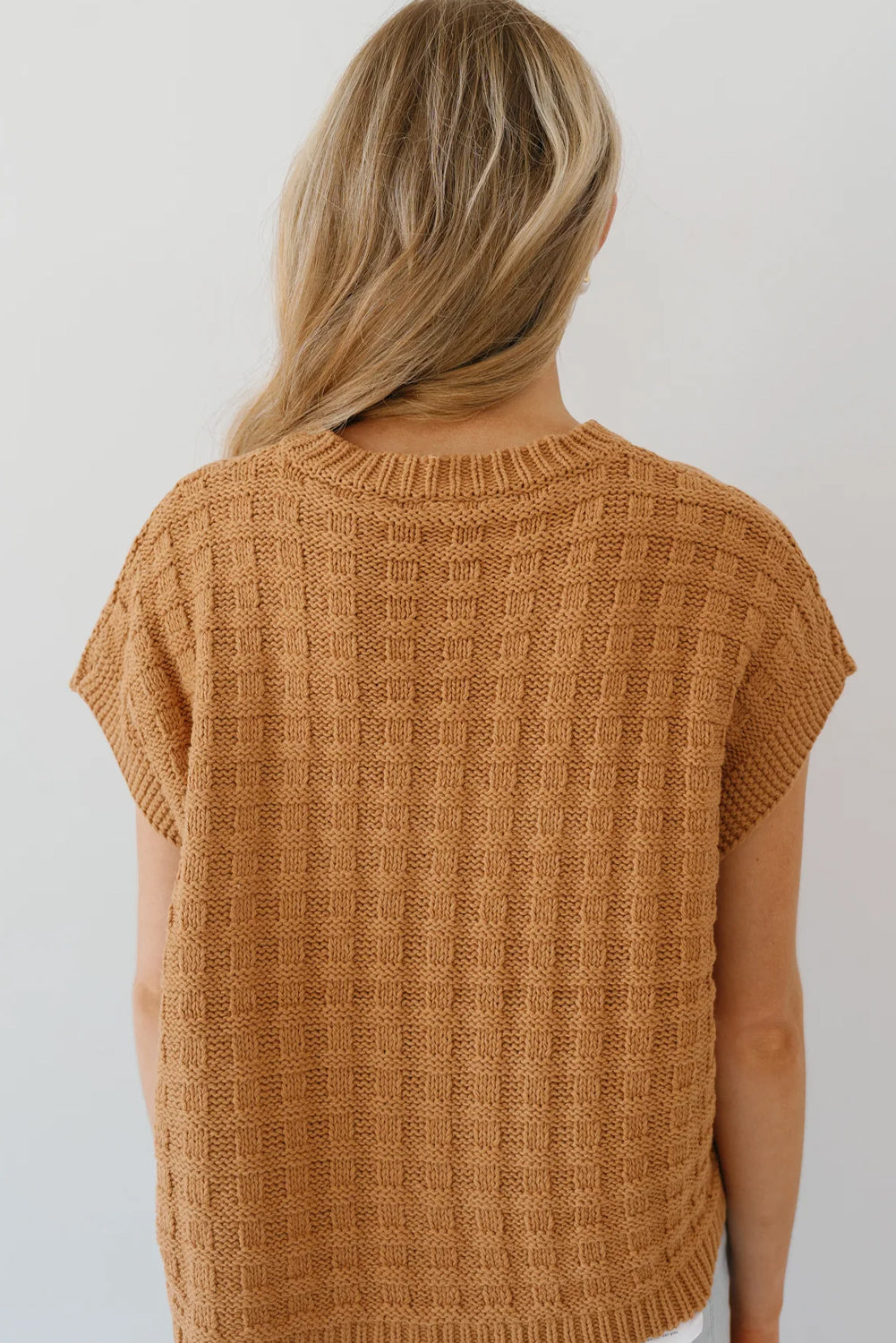 Camel Plain Checkered Texture Knit Top