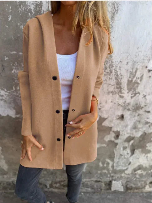 Chic & Cozy Women's Hooded Cardigan – Loose Fit Solid Color Jacket