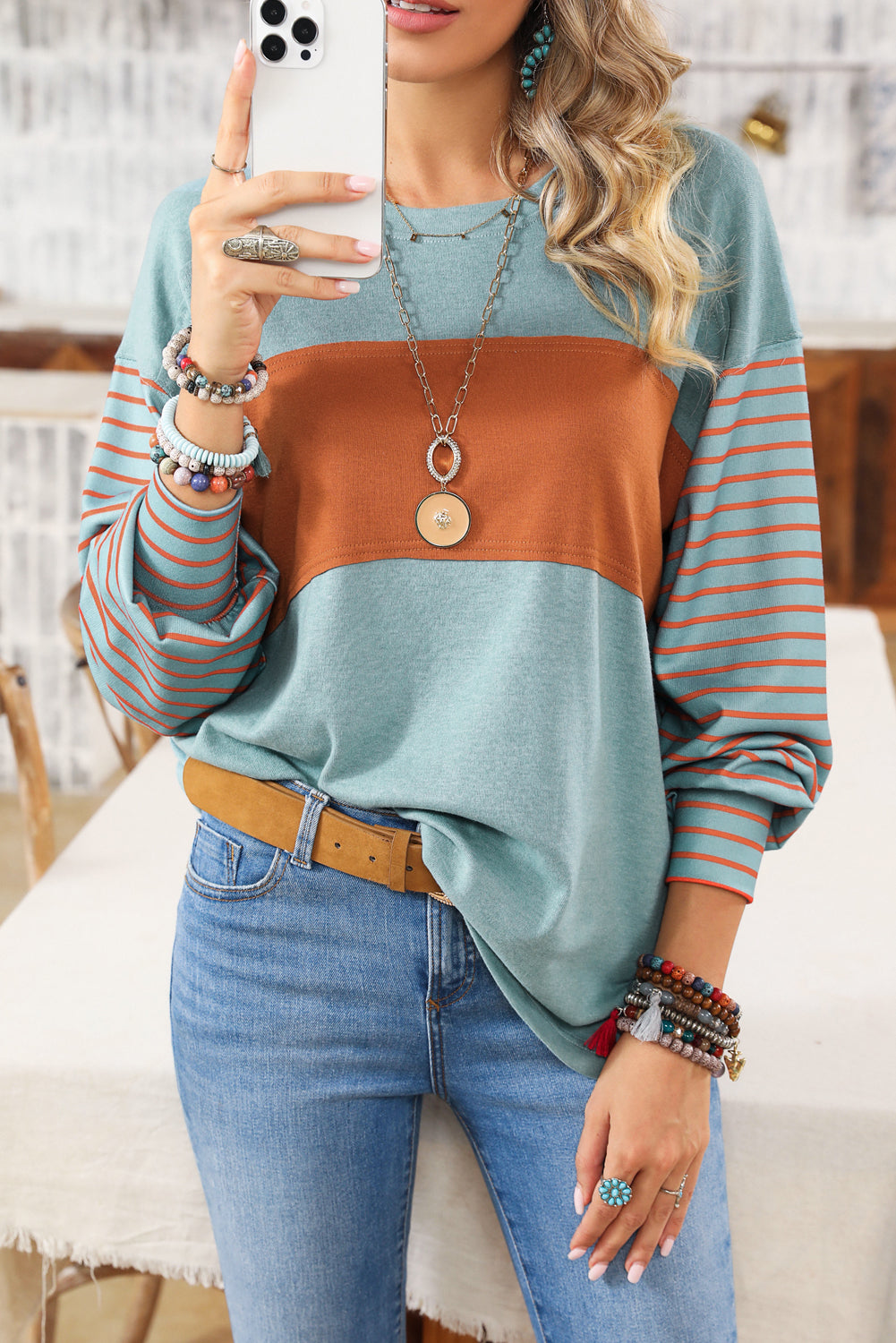 Colorblock Striped Bishop Sleeve Top with Side Slits