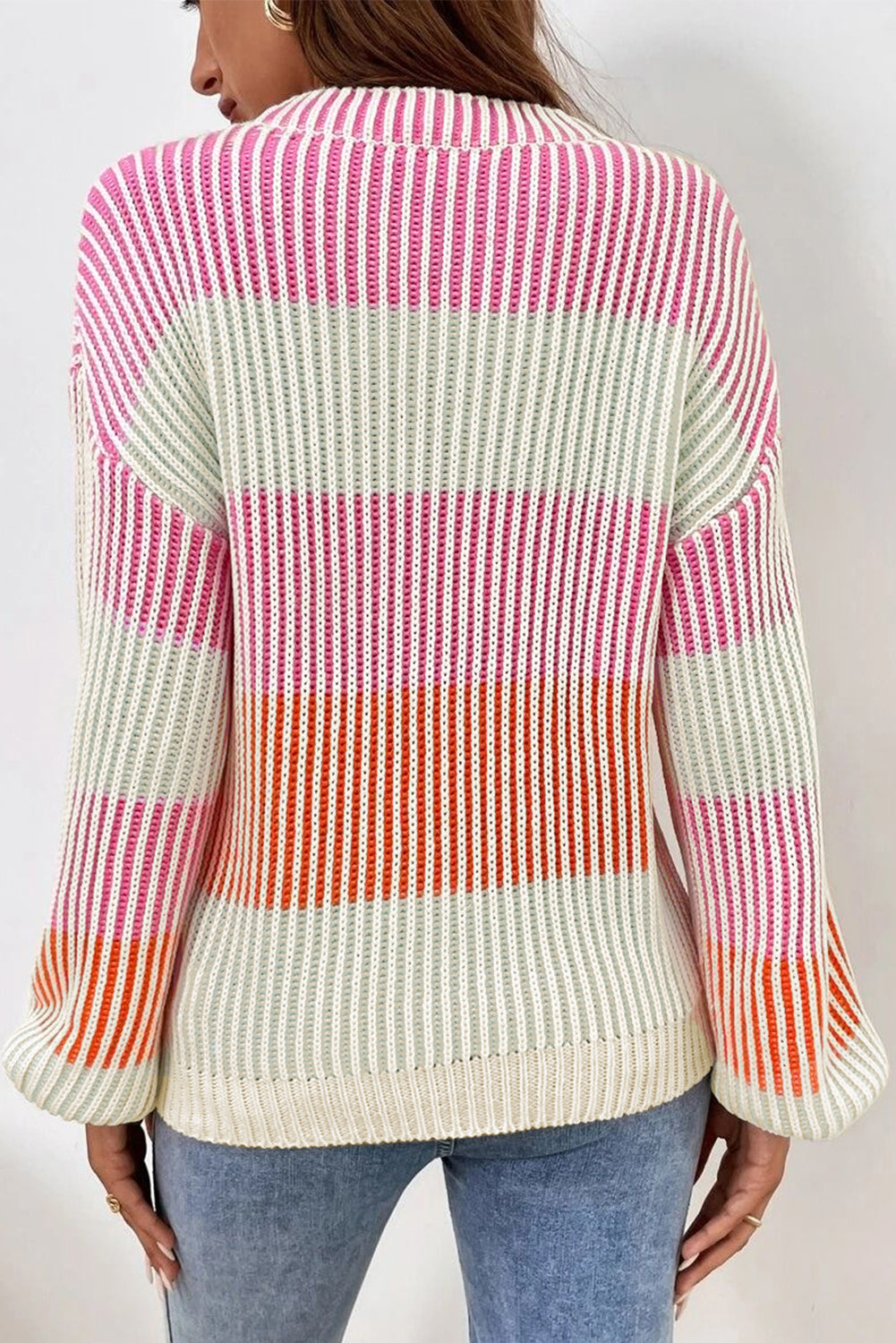 Brown Colorblock Lantern Sleeve Rib Knitted Sweater