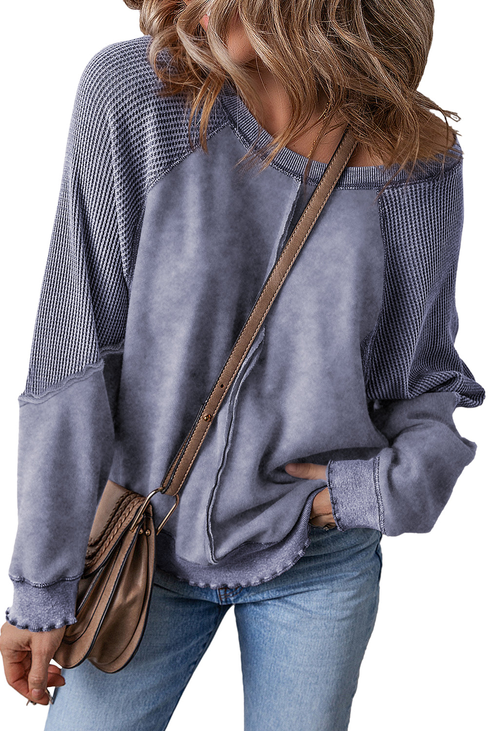 Light French Beige Patchwork Raglan Sleeve Exposed Seam Sweatshirt