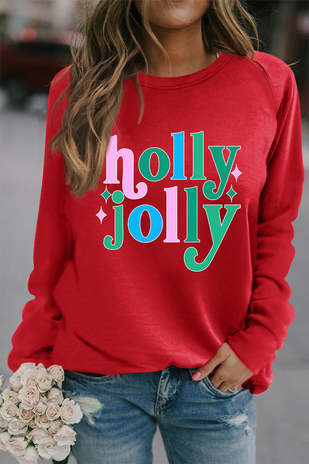 Red holly jolly Graphic Crewneck Christmas Pullover Sweatshirt