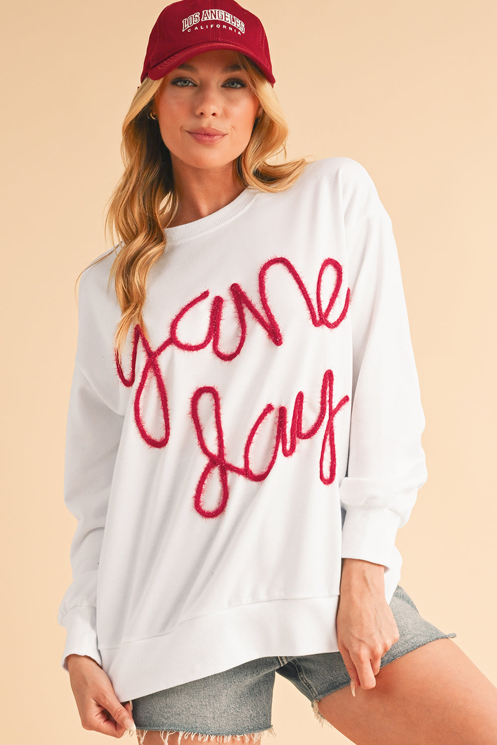 White Tinsel Game Day Drop Shoulder Sweatshirt