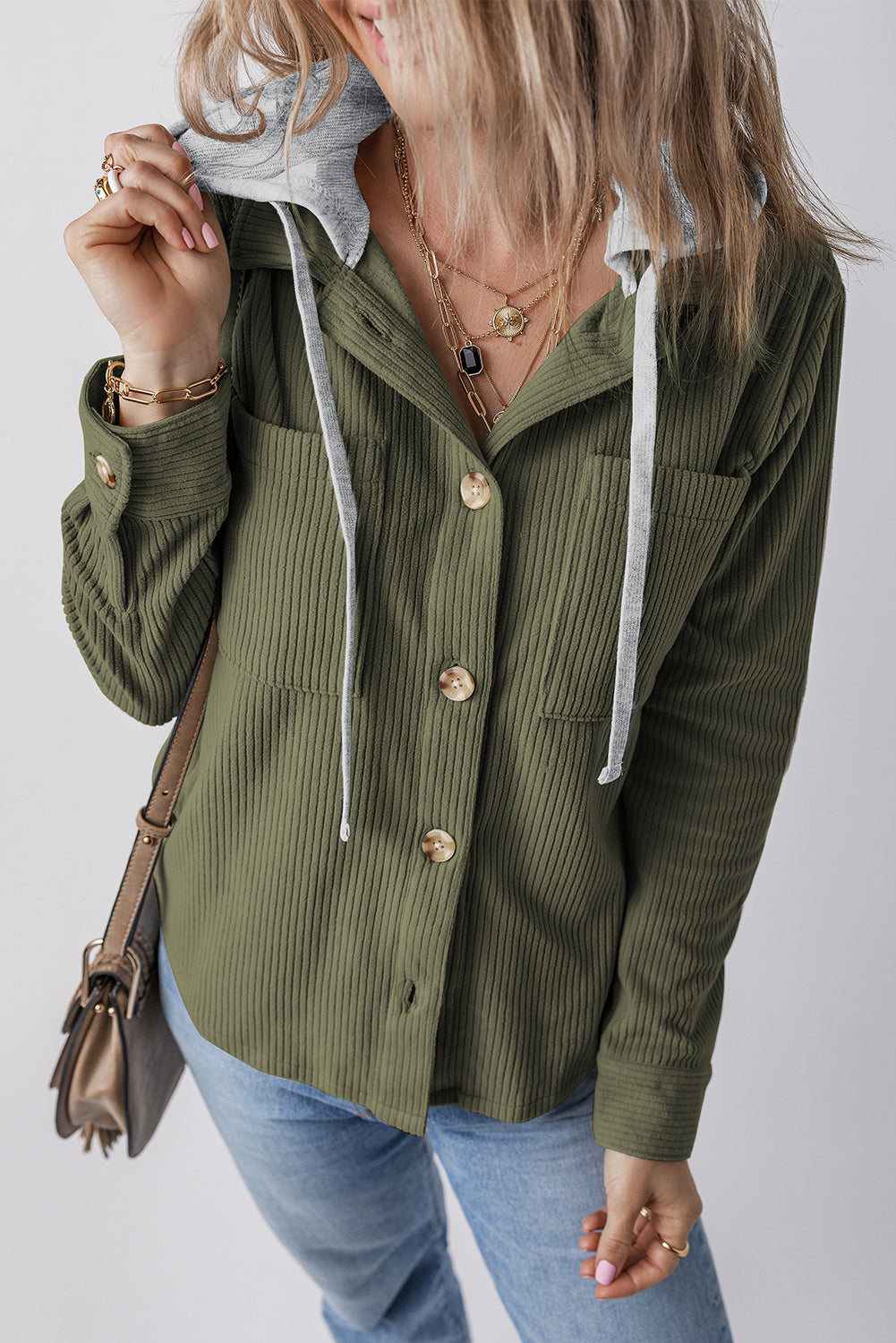 Pale Khaki Pockets Drawstring Hooded Corduroy Shacket