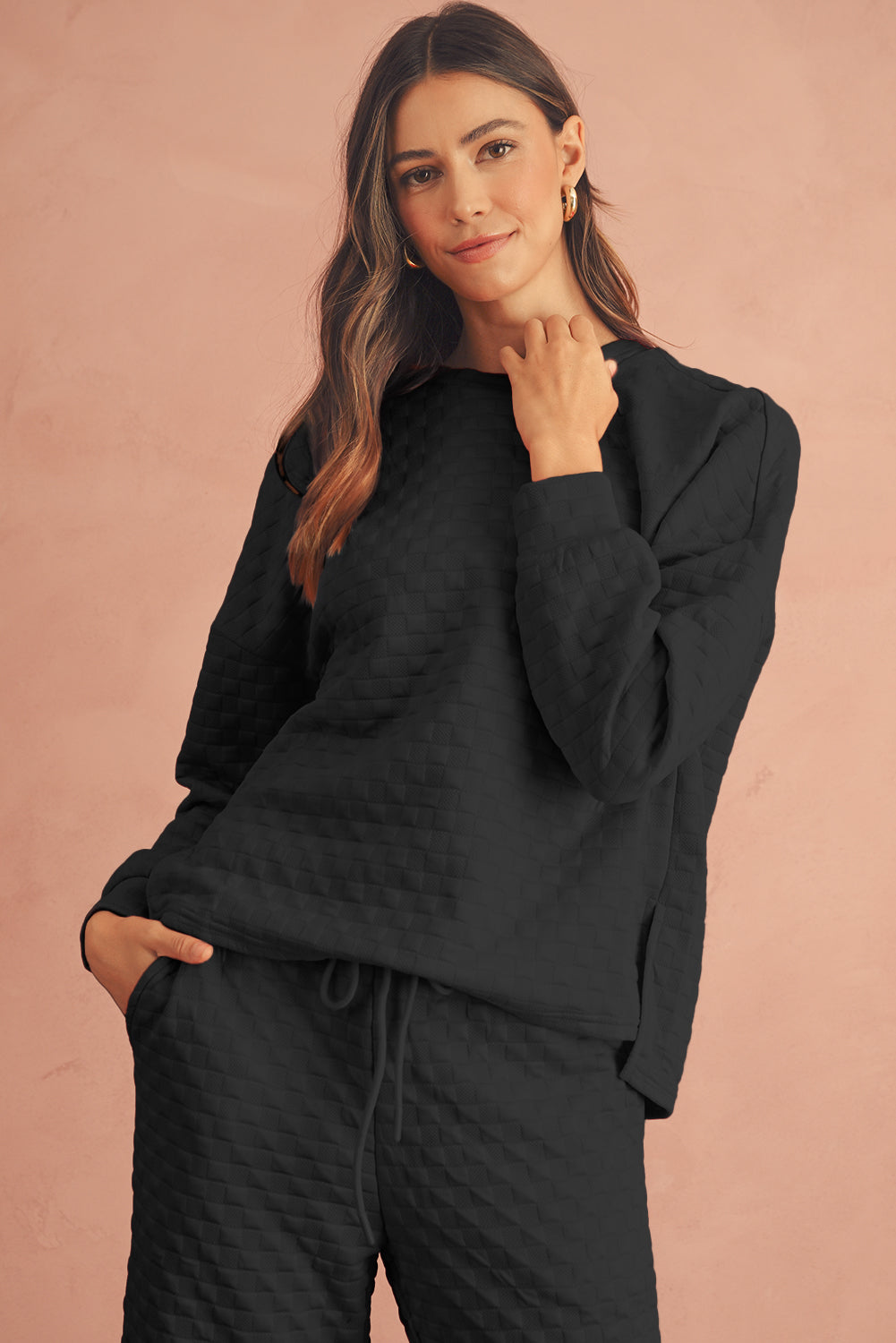 Black Textured Split Pullover Top and Pants Set