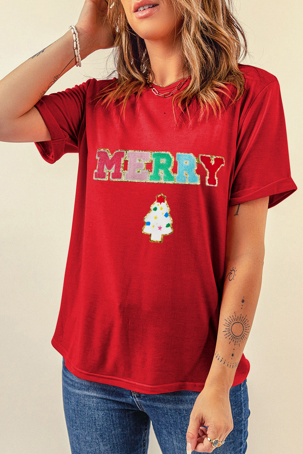 Red MERRY Christmas Tree Round Neck Tee