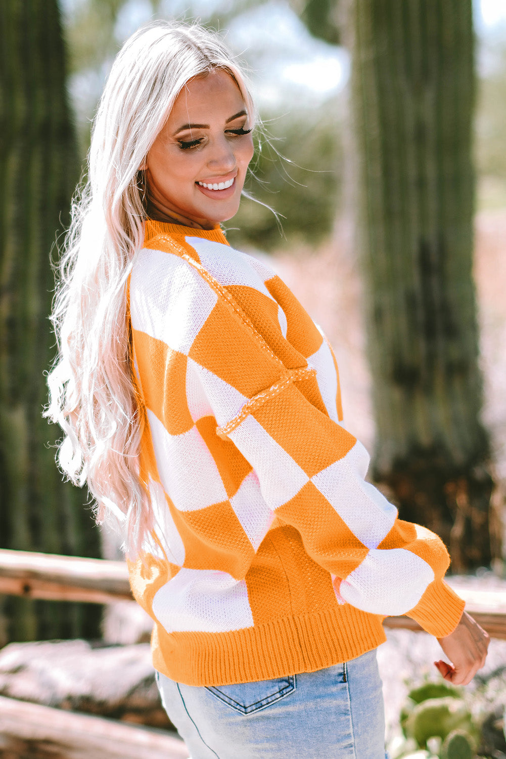 Checkered Bishop Sleeve Pullover Sweater