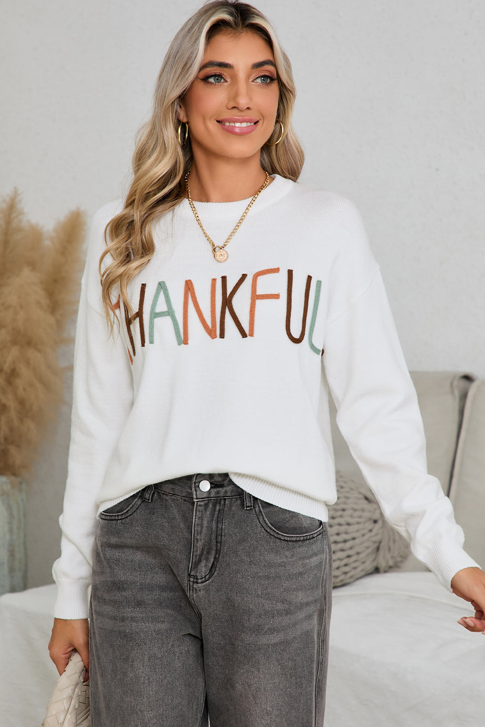 White Thankful Ivory Embroidered Sweater