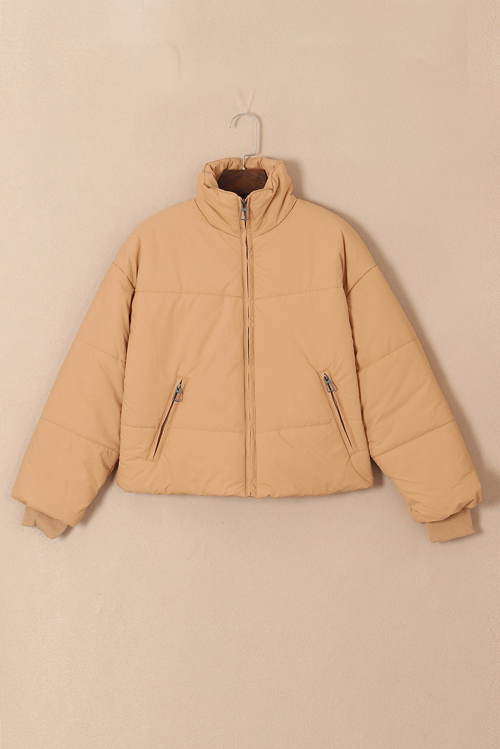 Brown Solid Zip Up Pocketed Puffer Coat