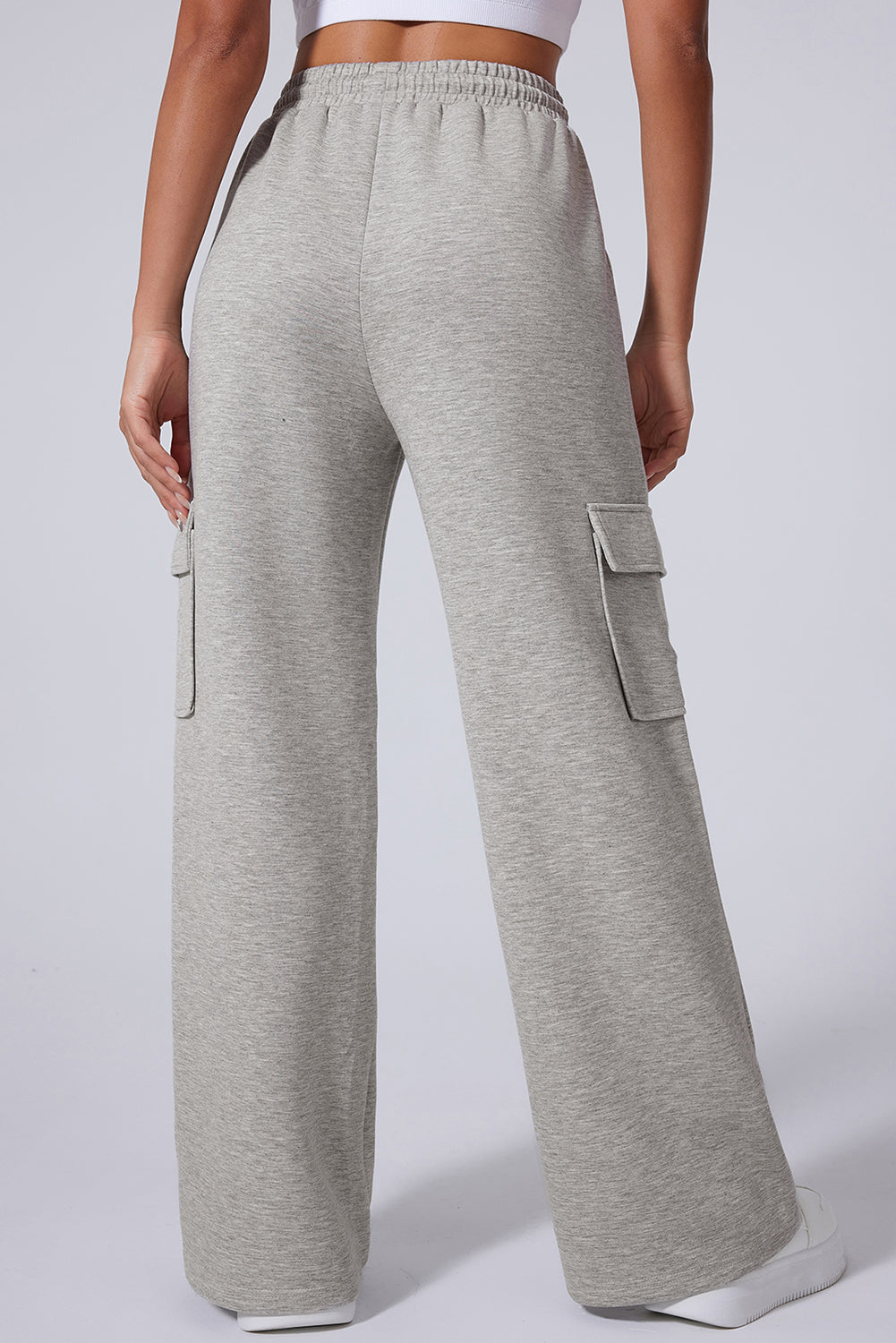 Light Grey Multi Pockets Lace Up High Waist Wide Leg Workout Pants