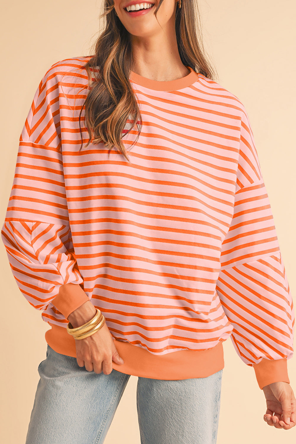 Orange Stripe Drop Shoulder Crew Neck Loose Sweatshirt