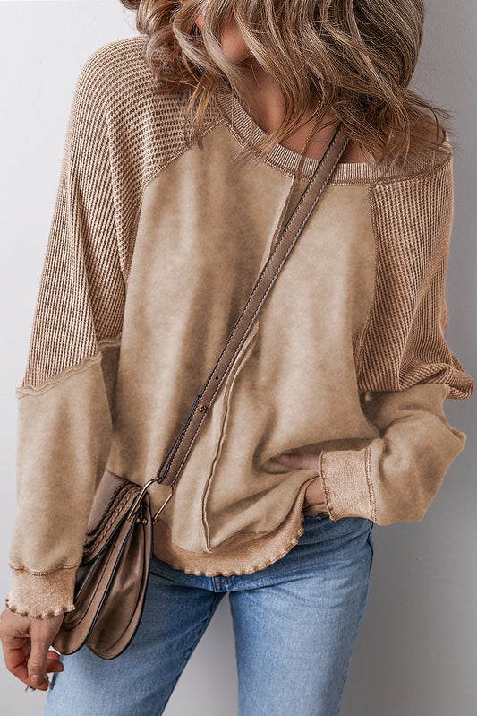 Light French Beige Patchwork Raglan Sleeve Exposed Seam Sweatshirt