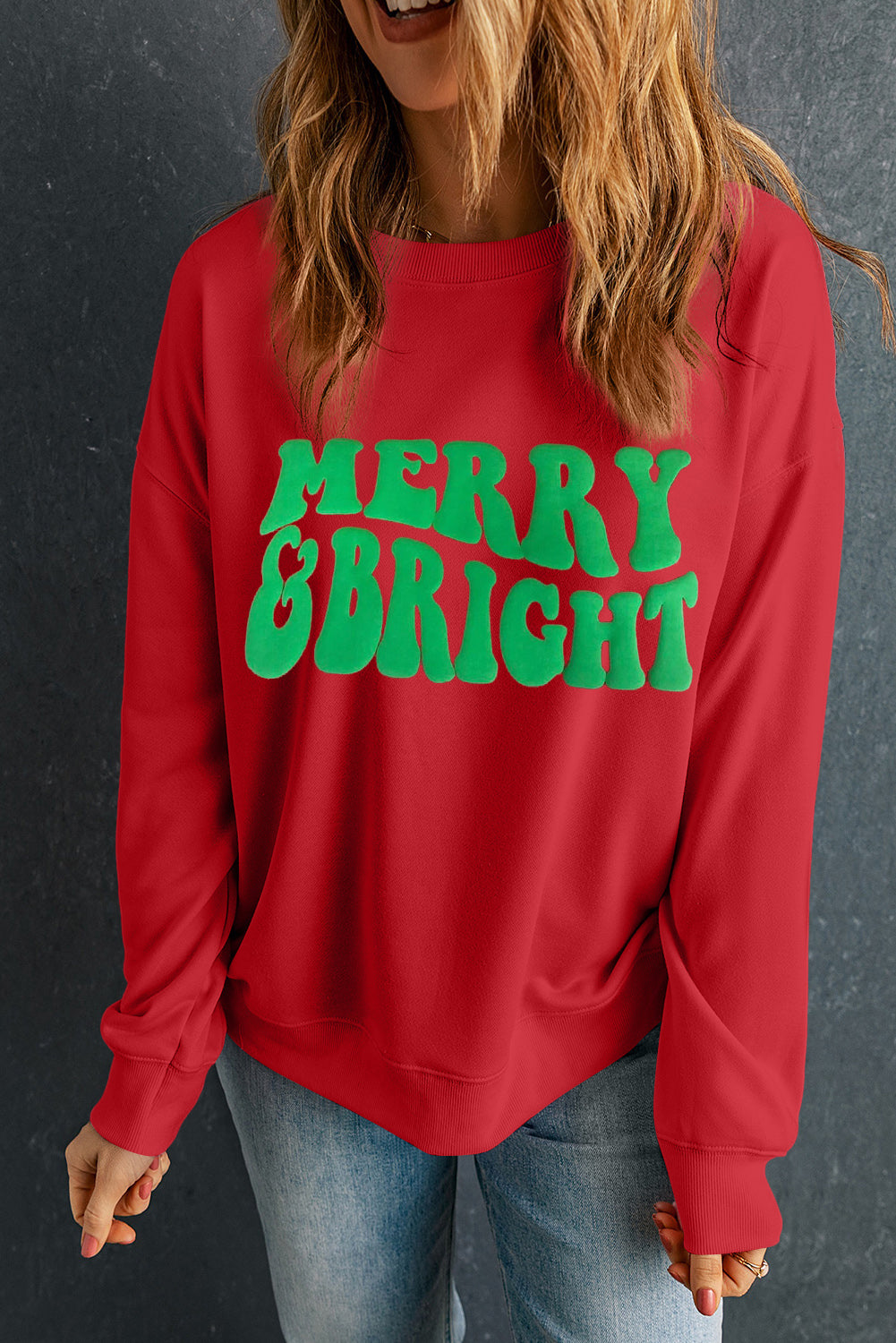 Red MERRY BRIGHT Drop Shoulder Crewneck Sweatshirt