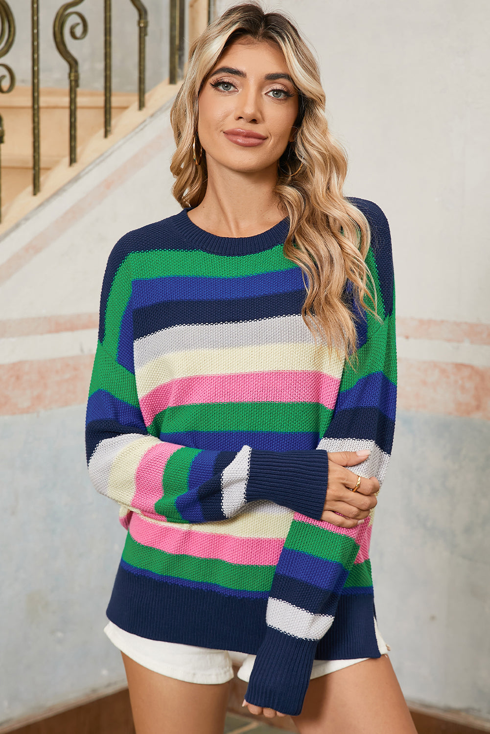 Bright Green Rainbow Striped Round Neck Drop Sleeve Sweater