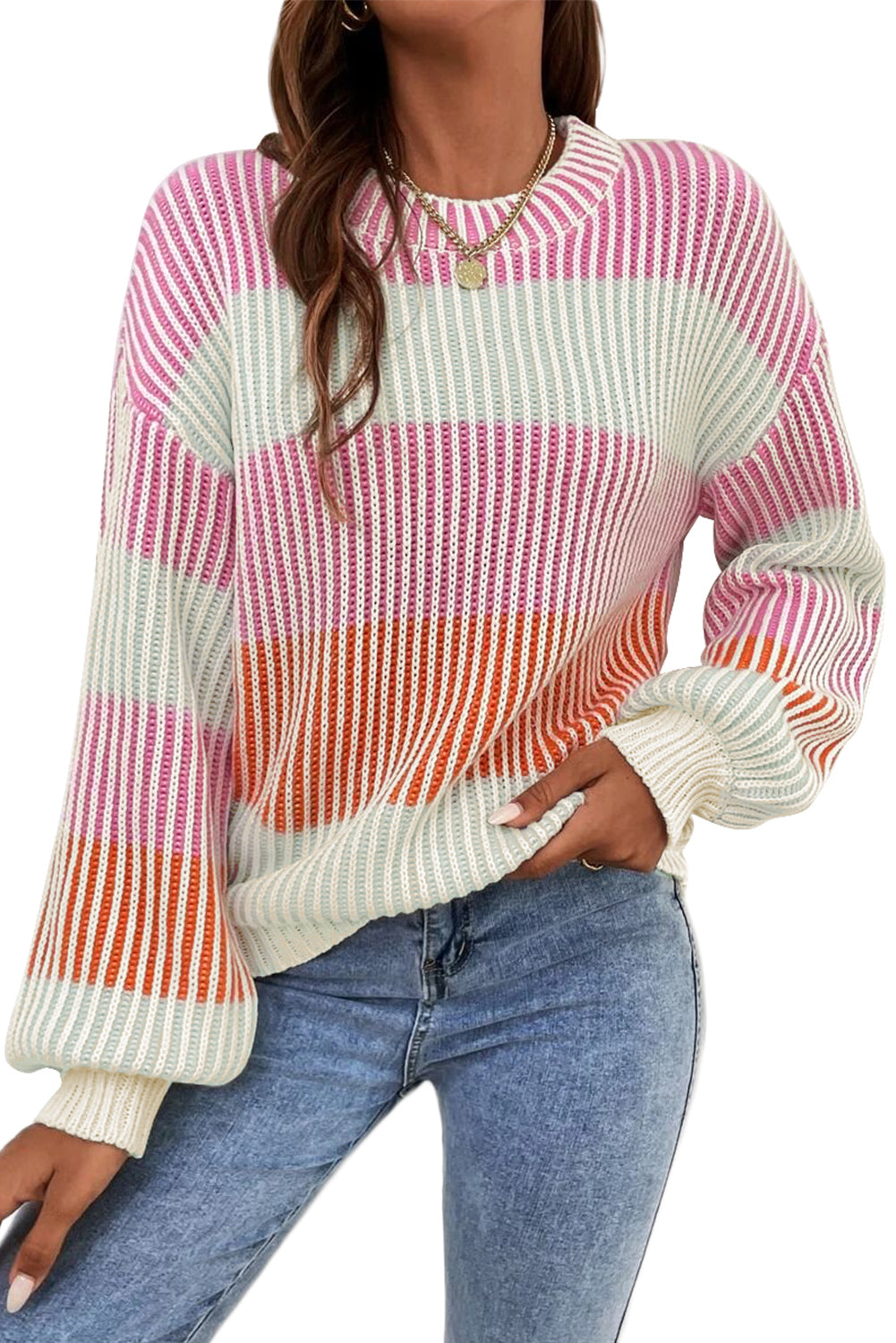 Brown Colorblock Lantern Sleeve Rib Knitted Sweater