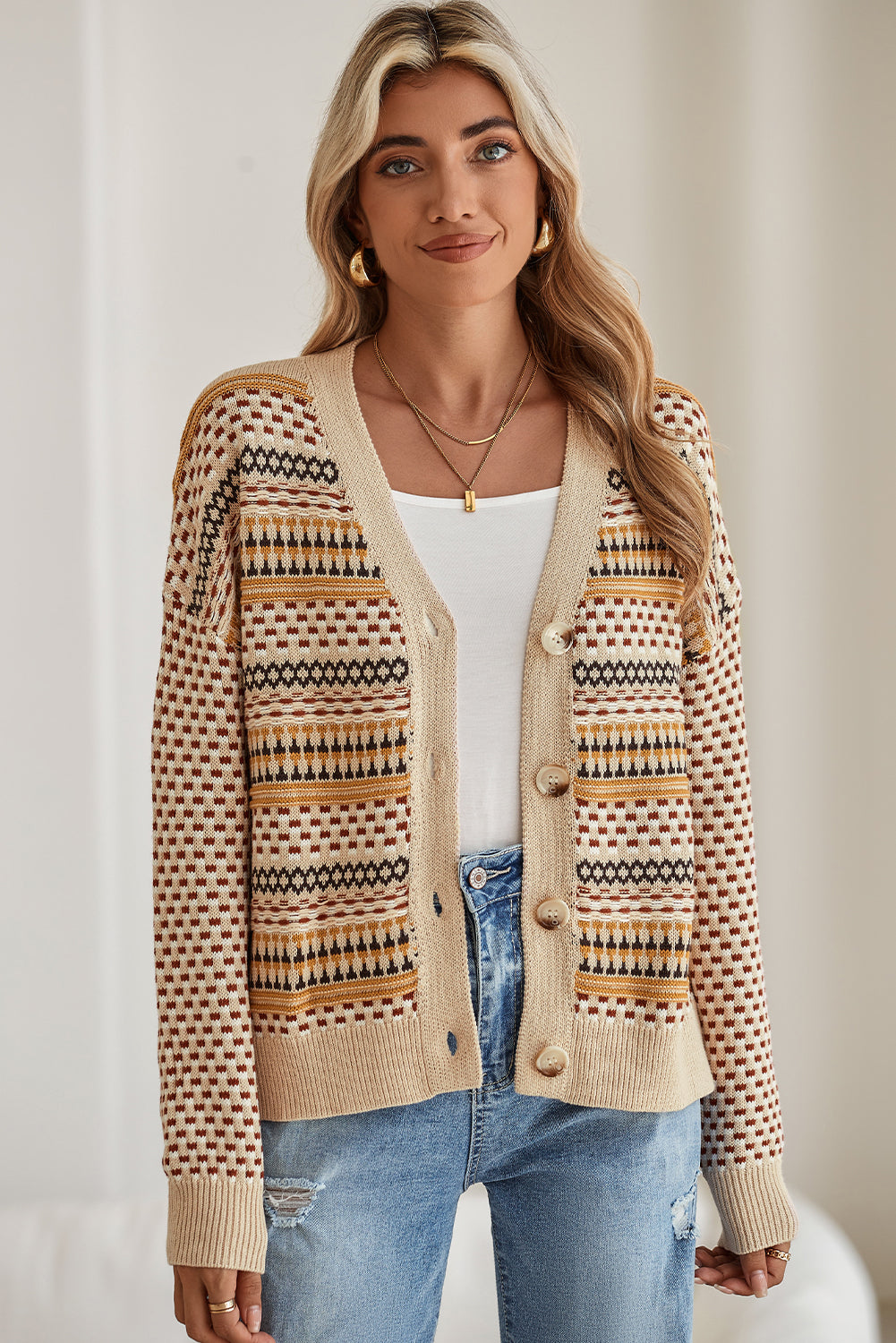 Khaki Geometric Pattern Button Front V Neck Cropped Cardigan