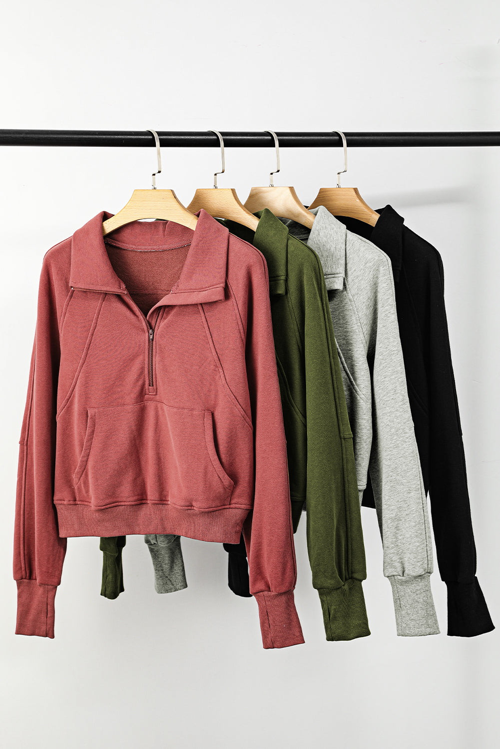 Zip Up Stand Collar Thumbhole Sleeve Sweatshirt