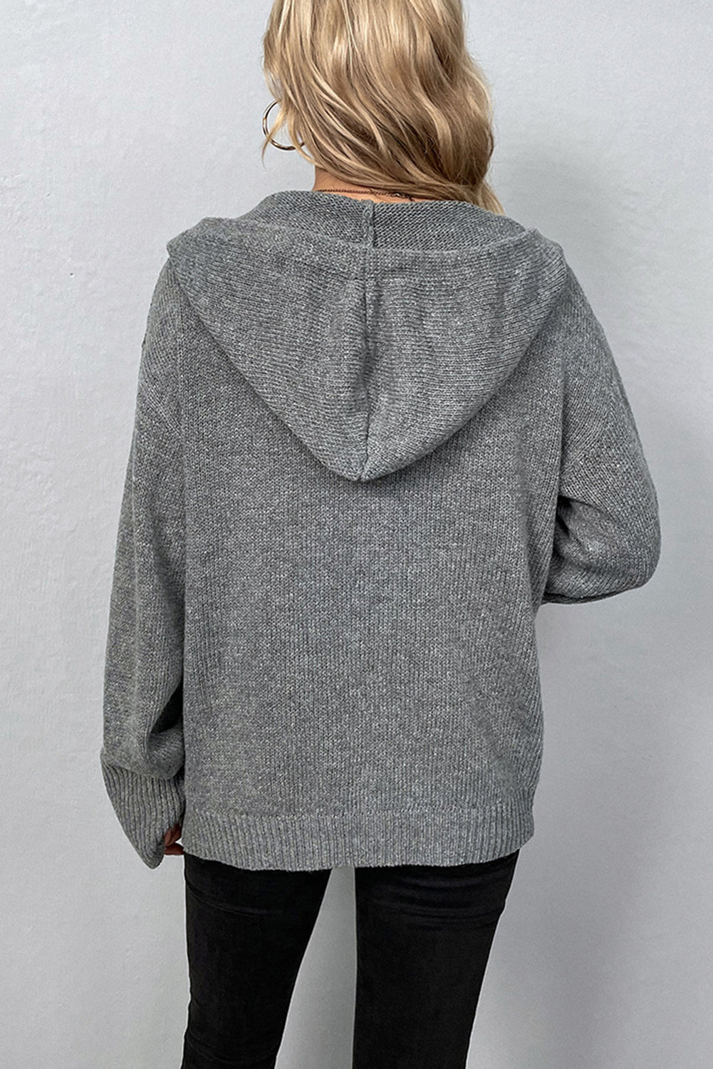 Medium Grey Hooded Button Up Drop Shoulder Sweater Cardigan