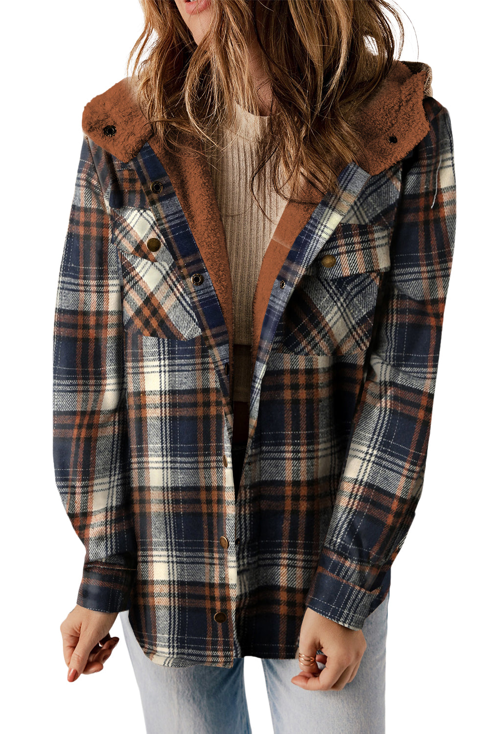 Snap Button Sherpa Lined Hooded Flannel Jacket