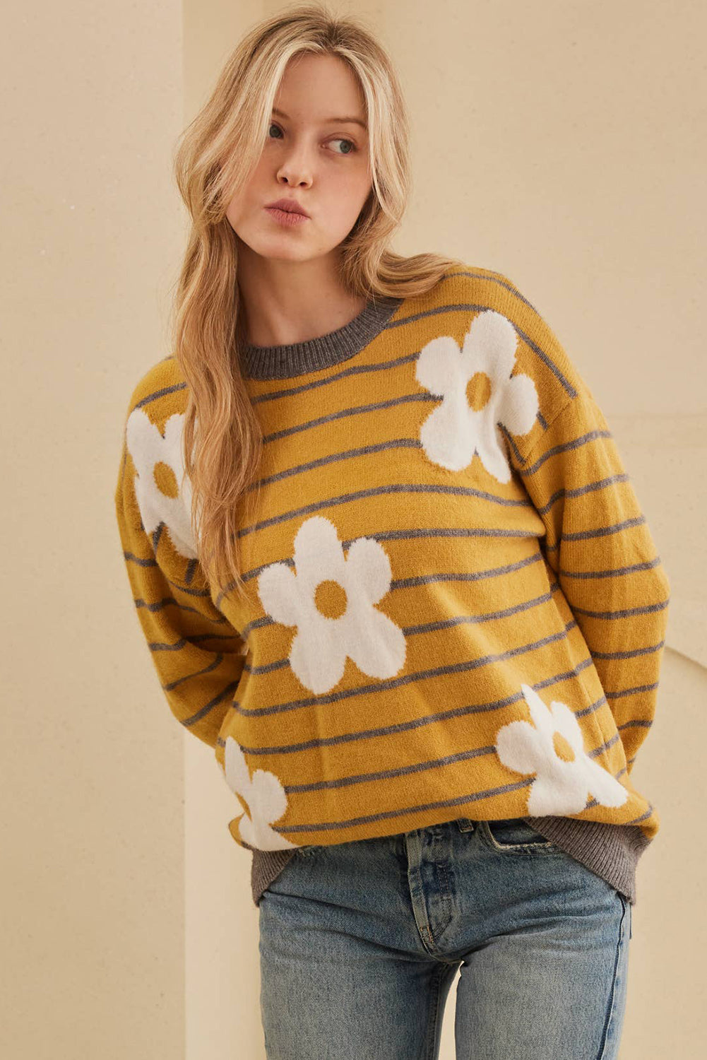 Yellow Striped Daisy Flower Long Sleeve Sweater