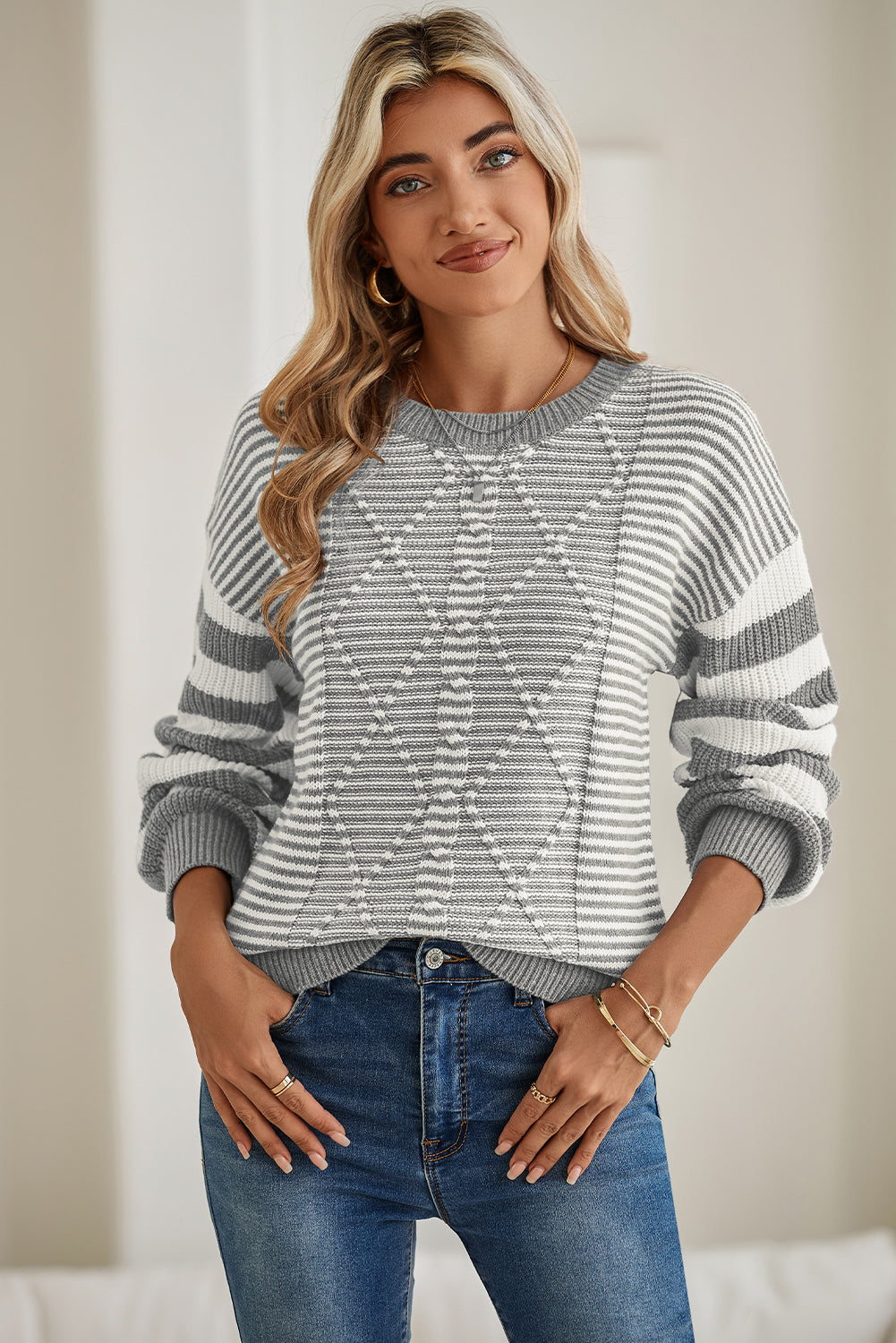 Gray Stripe Twisted Knitted Drop Shoulder Sweater