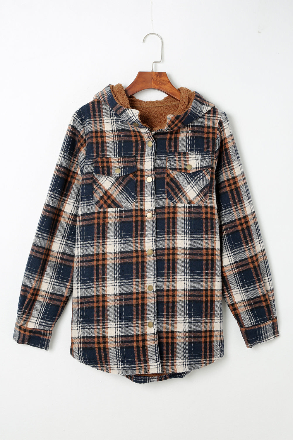 Snap Button Sherpa Lined Hooded Flannel Jacket