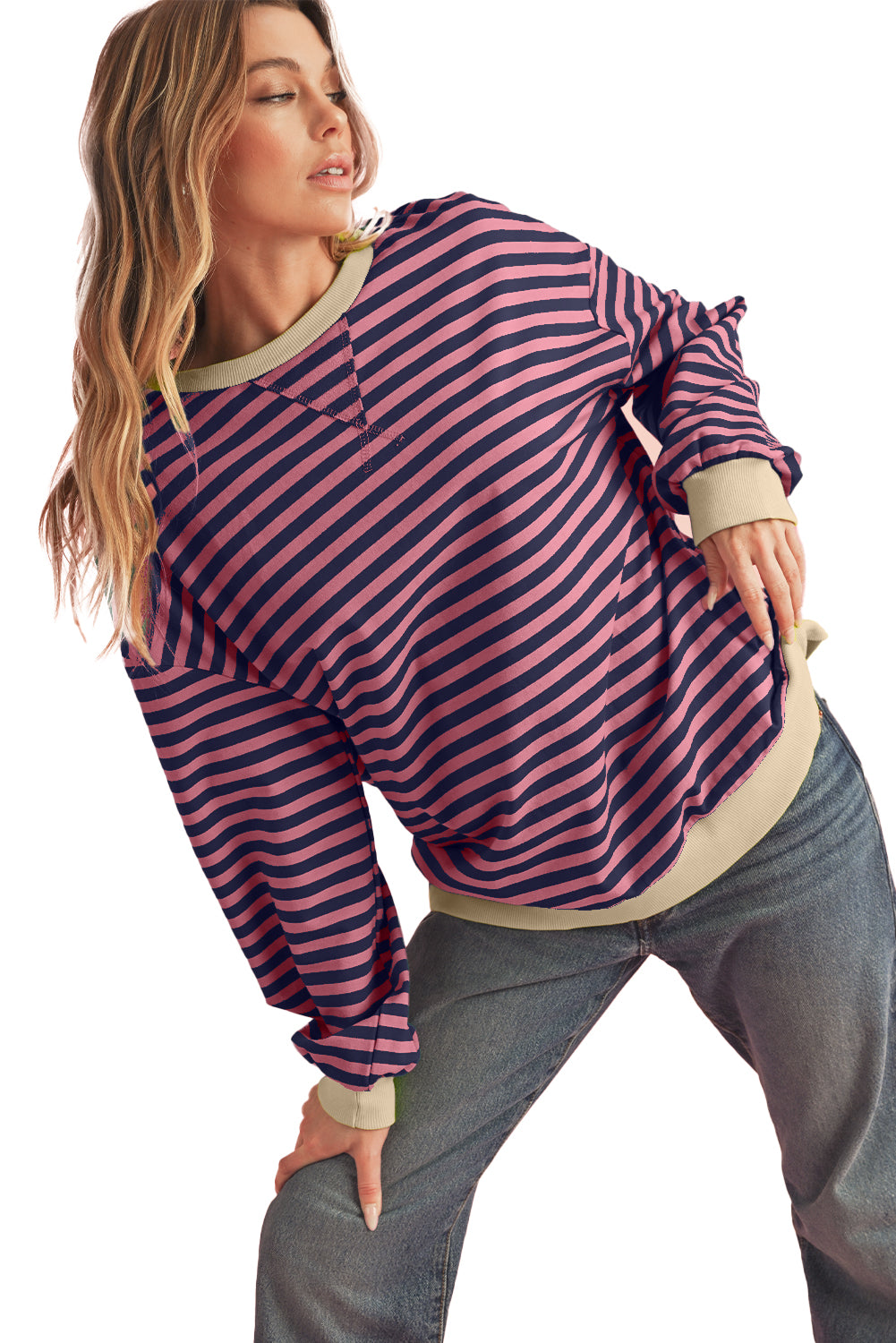 Red Stripe Contrast Edge Oversized Pullover