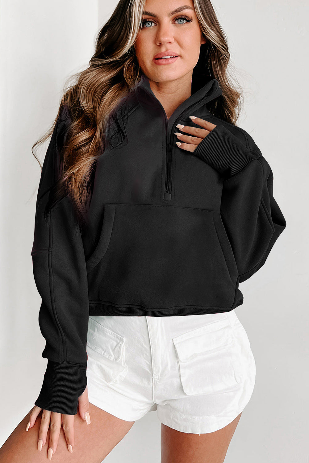 Zip Up Stand Collar Thumbhole Sleeve Sweatshirt