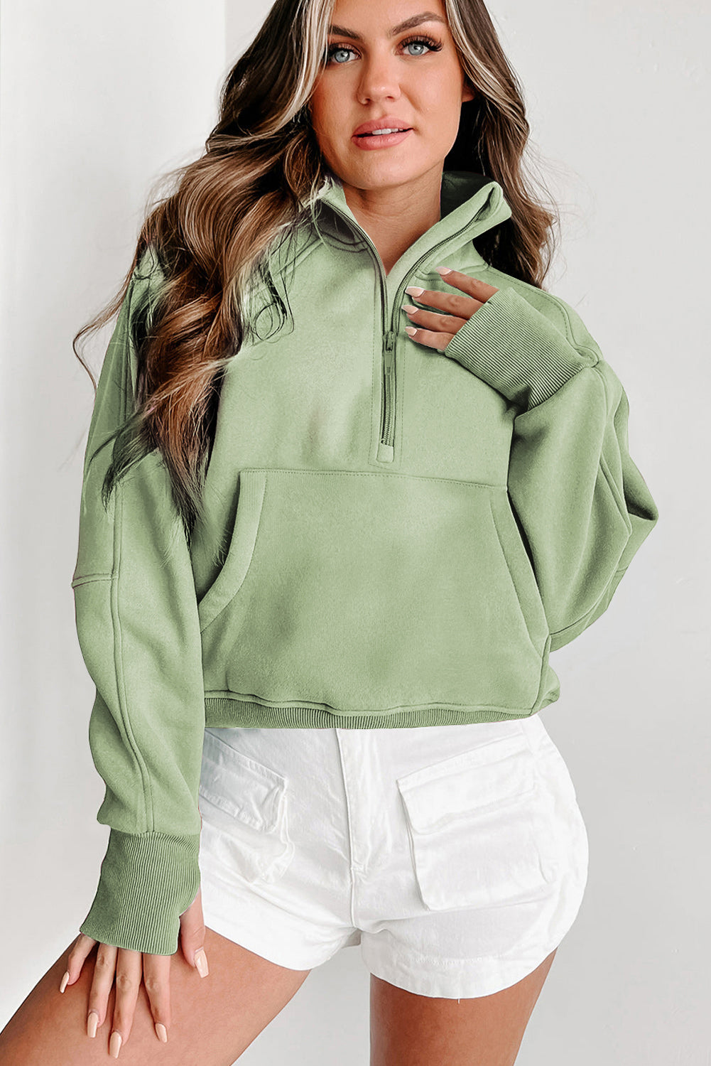 Zip Up Stand Collar Thumbhole Sleeve Sweatshirt