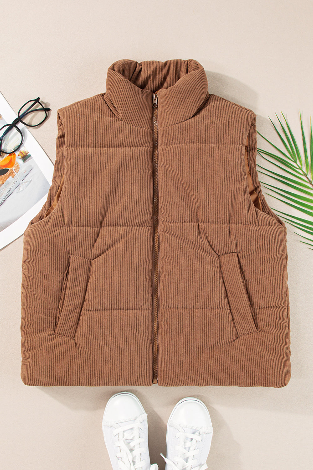 Coffee Solid Color Corduroy Puffer Vest Coat