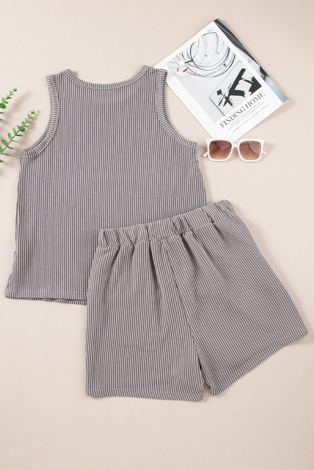 Smoke Gray Corded Tank Top and Pocketed Shorts Set