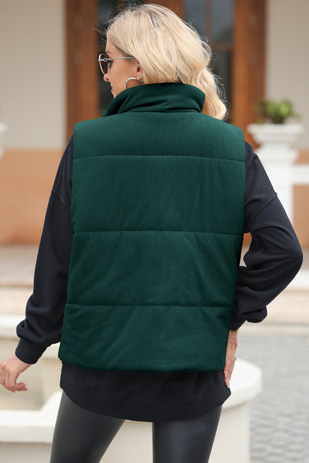 Coffee Solid Color Corduroy Puffer Vest Coat