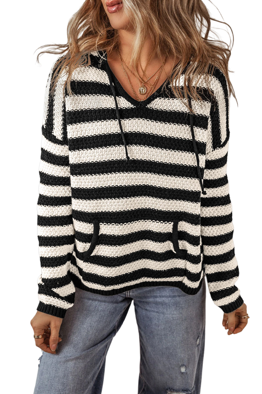 Blue Stripe Kangaroo Pocket Hooded Sweater