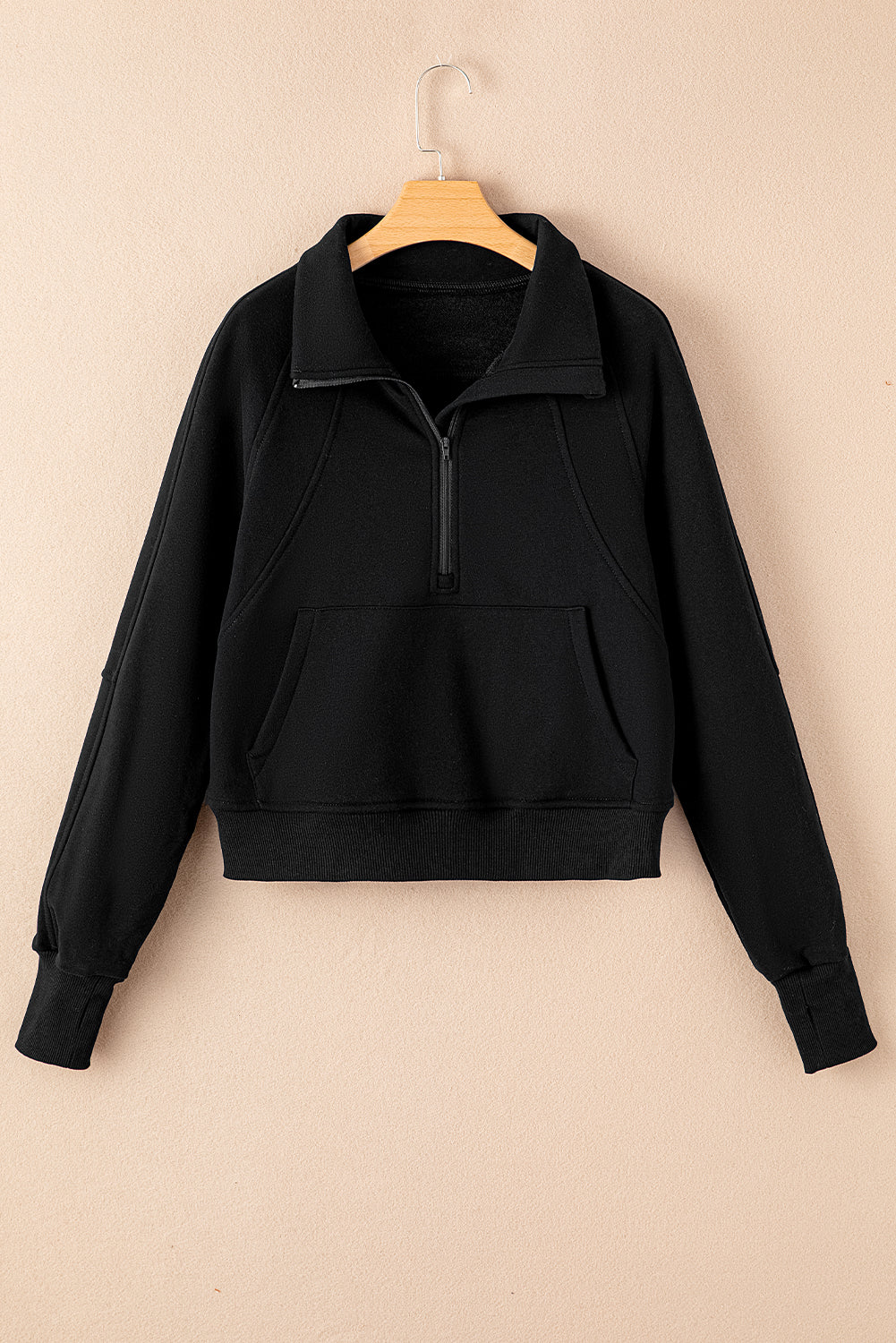 Zip Up Stand Collar Thumbhole Sleeve Sweatshirt