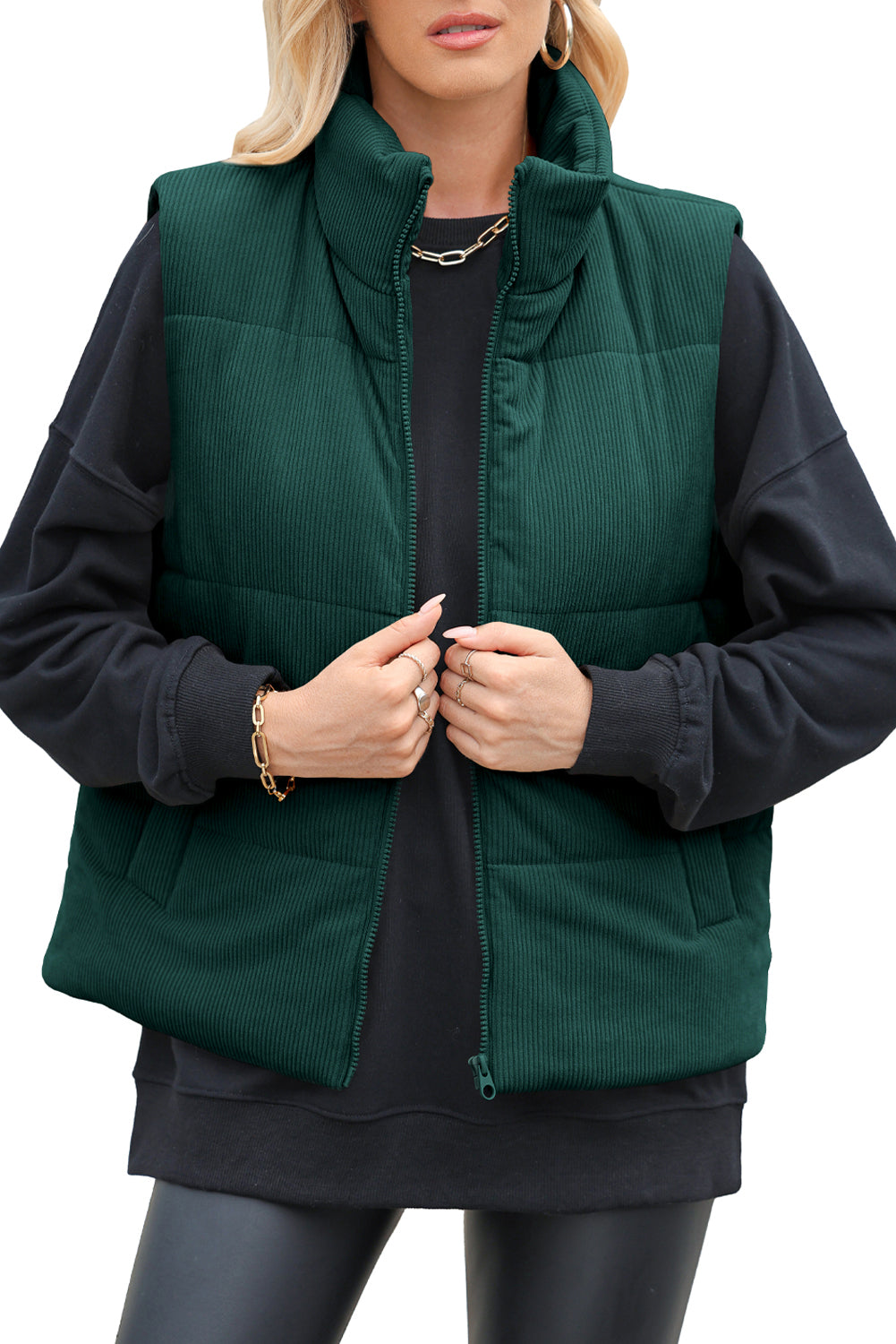 Coffee Solid Color Corduroy Puffer Vest Coat