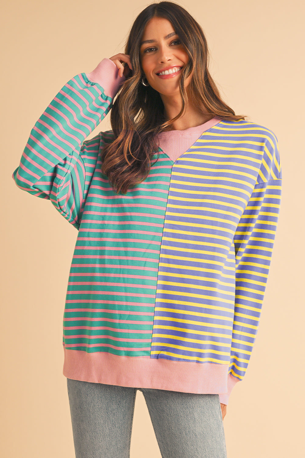 Stripe Colorblock Drop Shoulder Oversized Sweatshirt