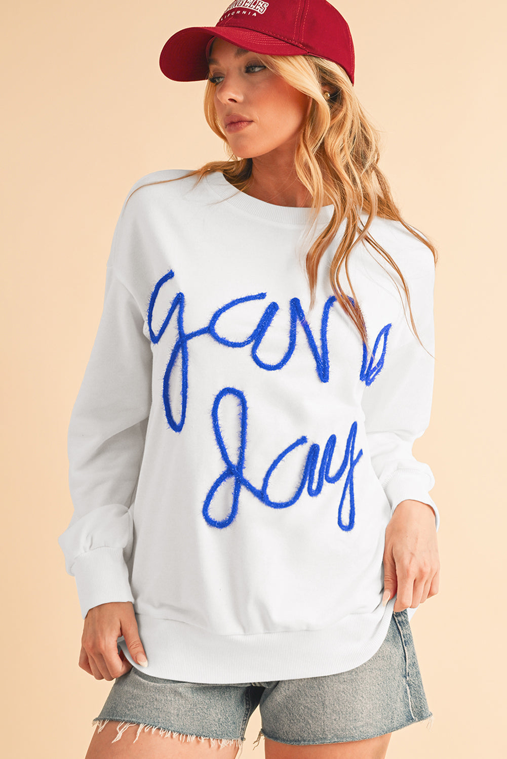 White Tinsel Game Day Drop Shoulder Sweatshirt