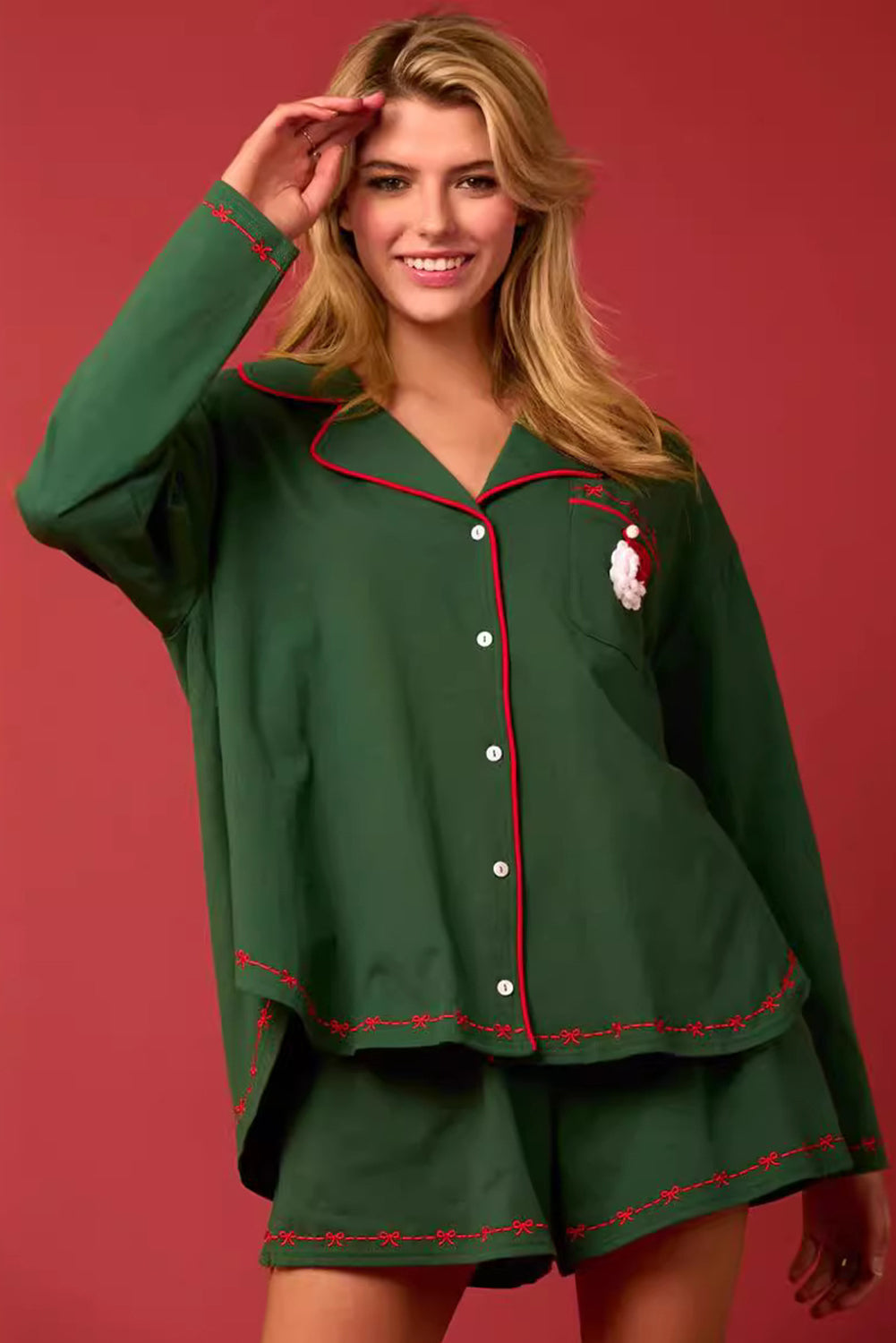 Green Santa Long Sleeve Shirt Shorts Christmas Pajama Set