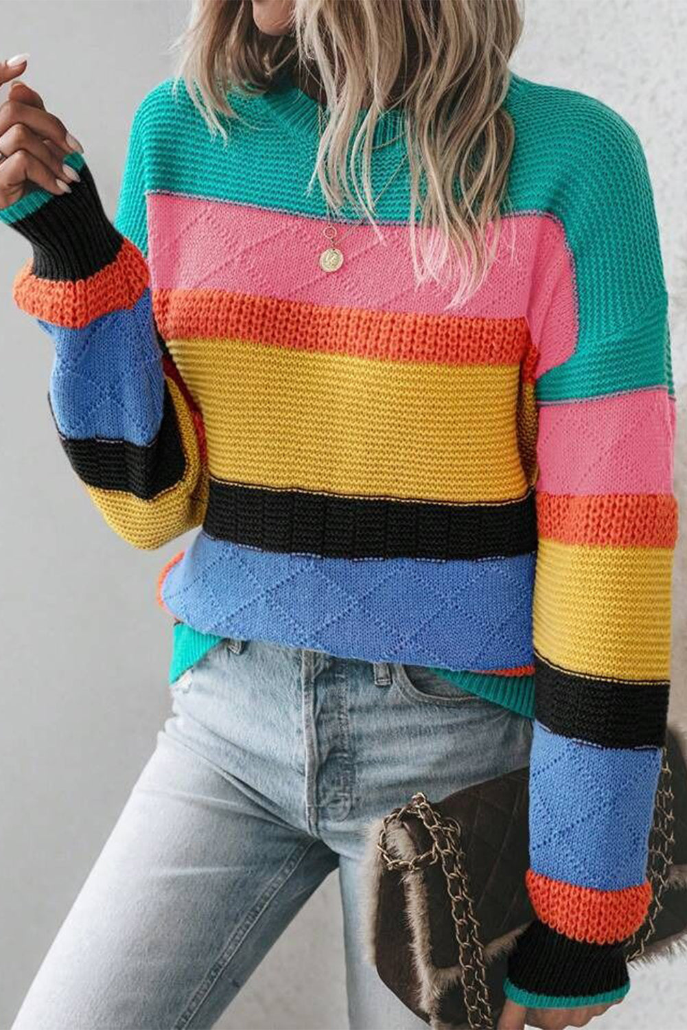 Light Blue Colorblock Drop Shoulder Crew Neck Sweater