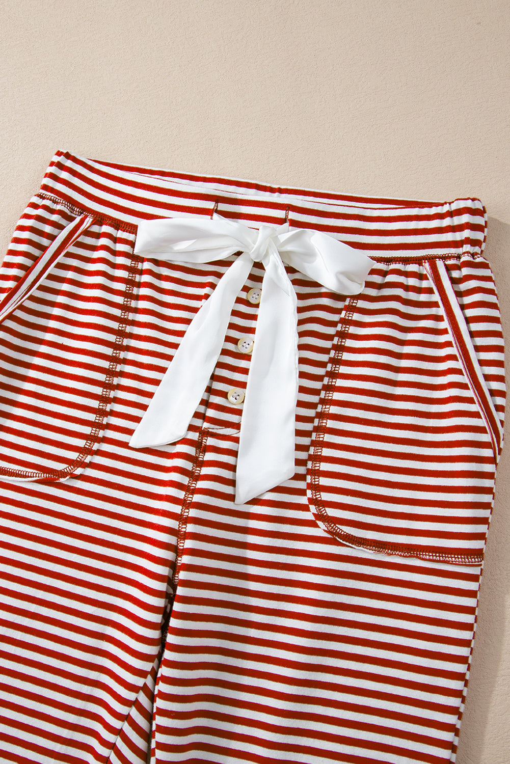 Striped Buttoned V Neck Top and Knotted Waist Pants Pajama Set