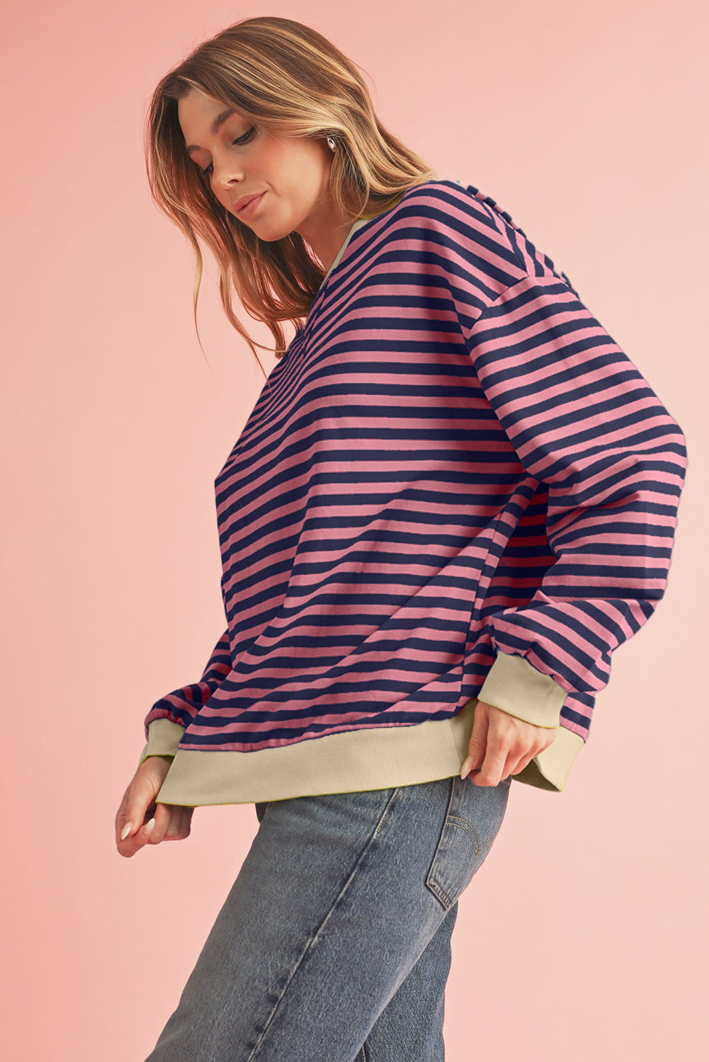 Red Stripe Contrast Edge Oversized Pullover