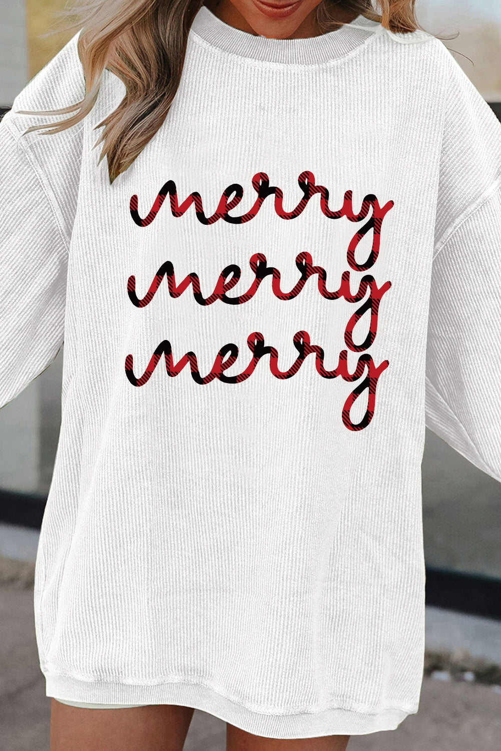 White Merry Printed Crewneck Ribbed Christmas Sweatshirt