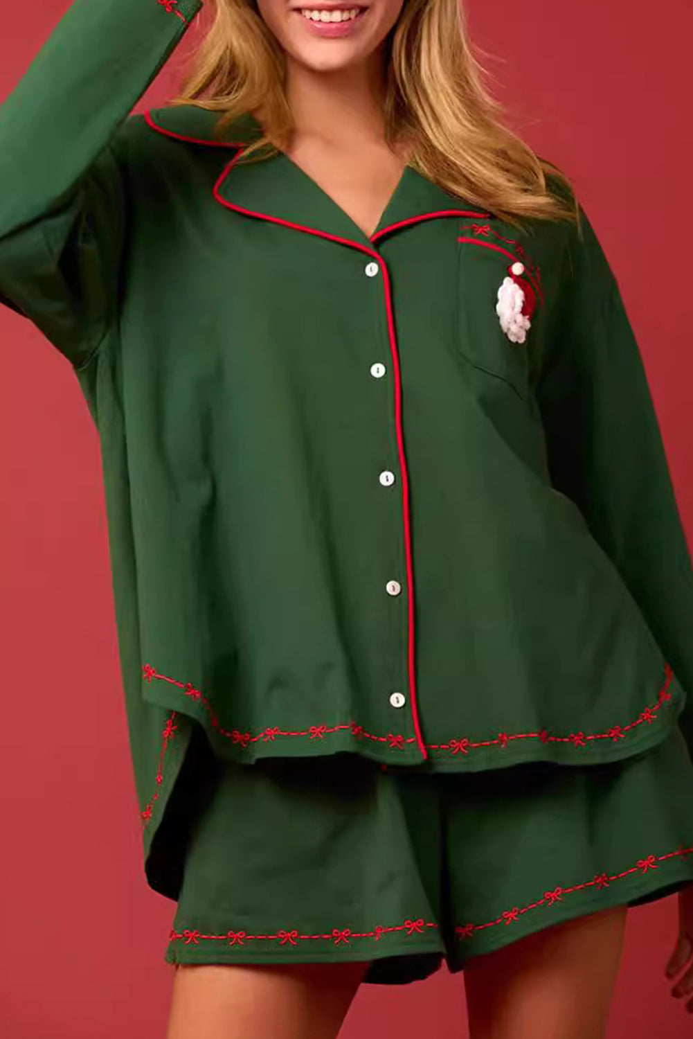 Green Santa Long Sleeve Shirt Shorts Christmas Pajama Set