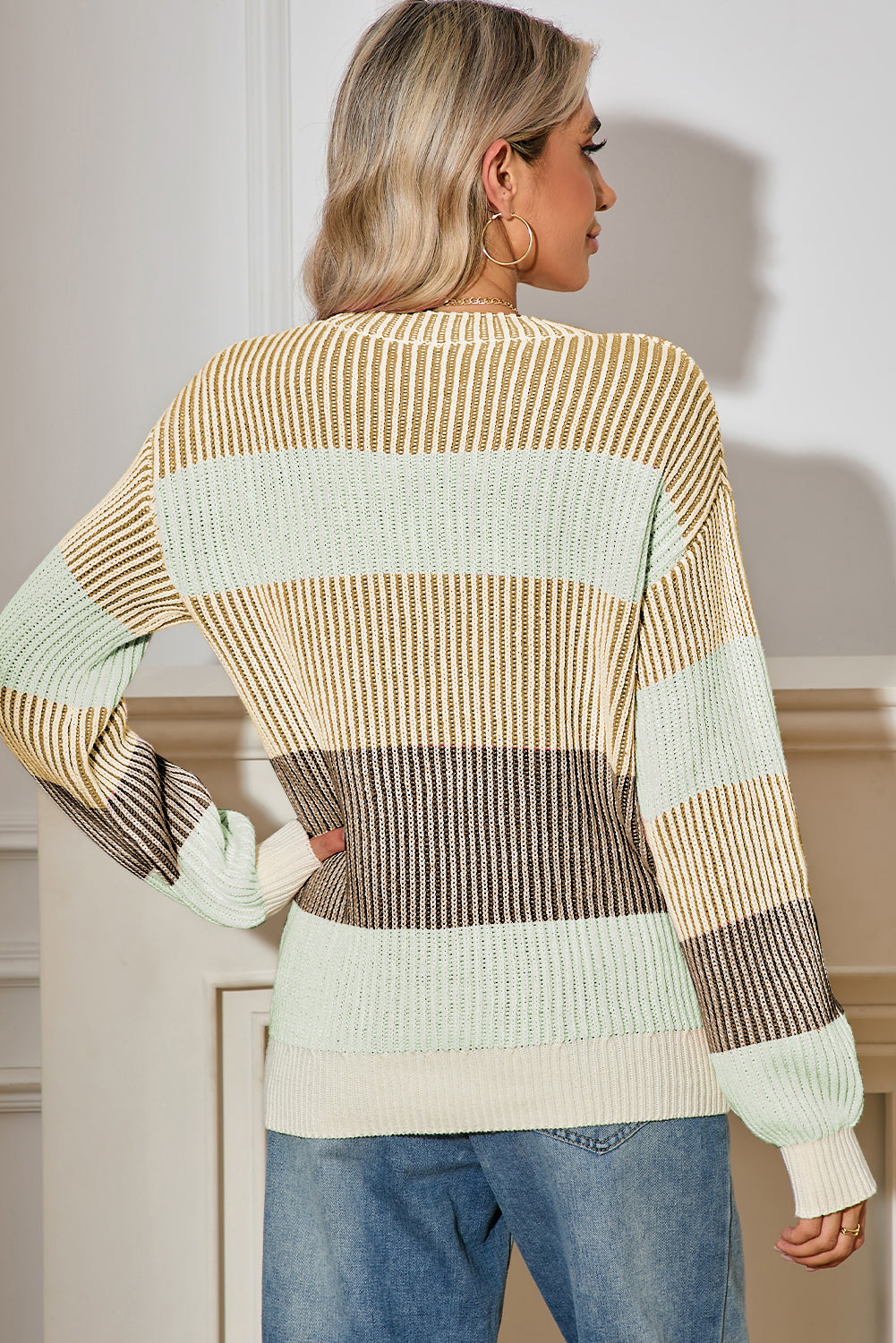 Brown Colorblock Lantern Sleeve Rib Knitted Sweater