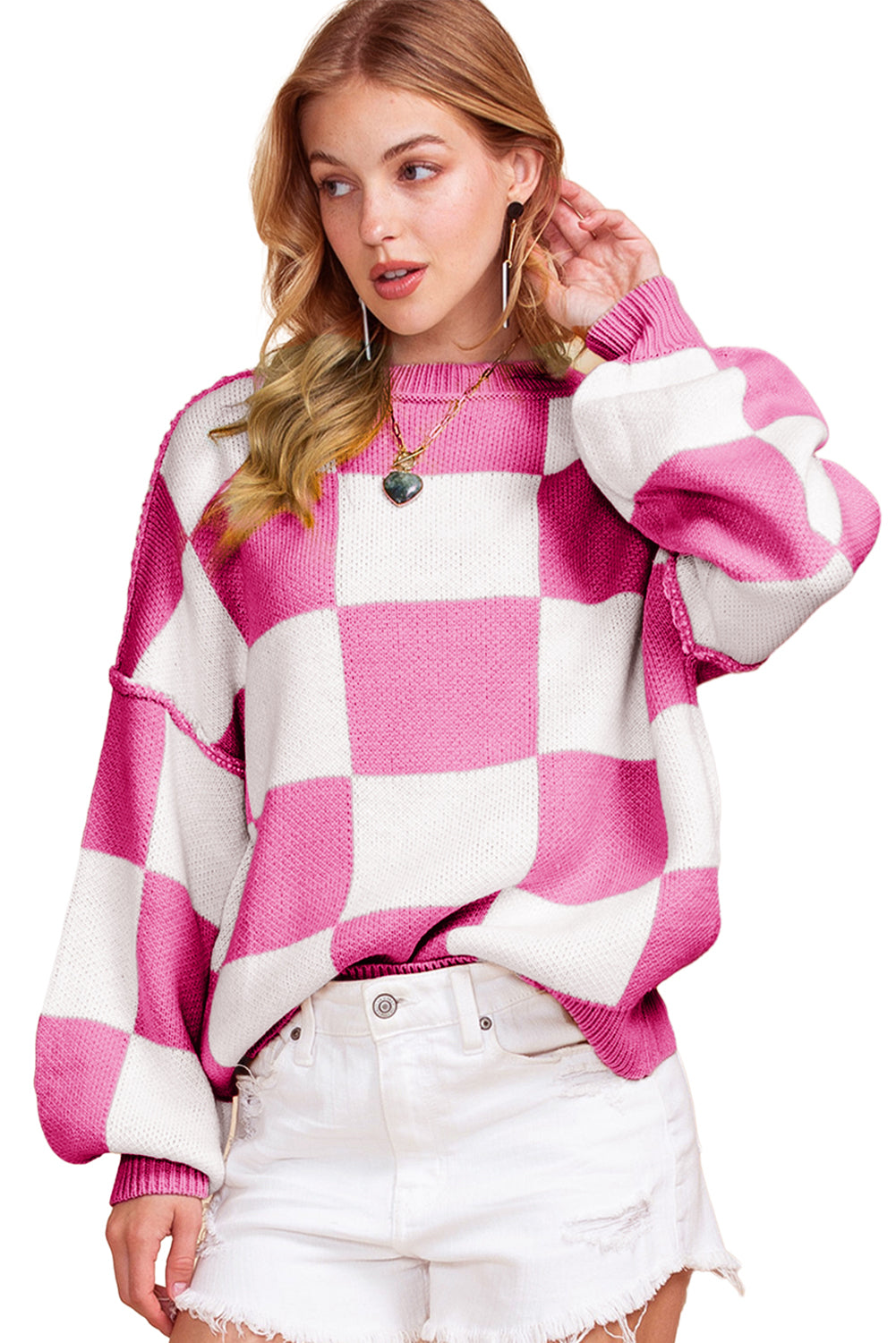 Checkered Bishop Sleeve Pullover Sweater