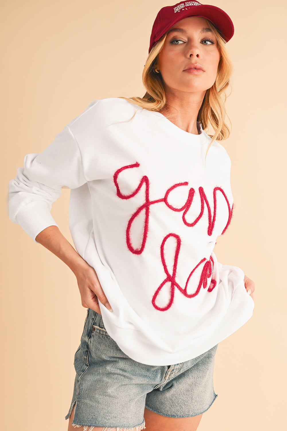 White Tinsel Game Day Drop Shoulder Sweatshirt