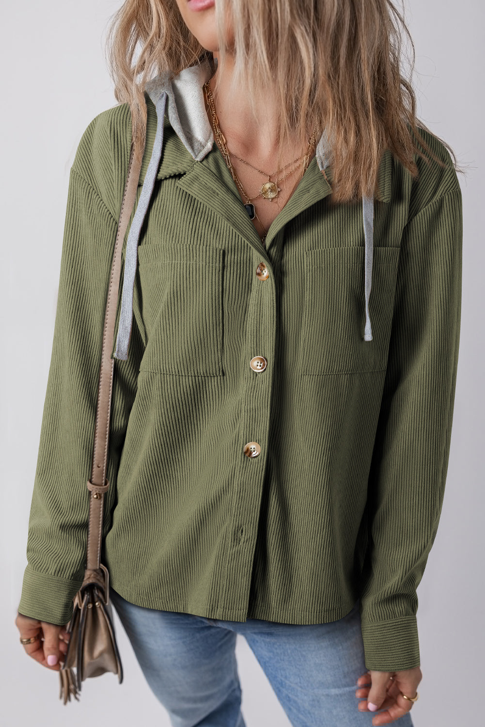 Pale Khaki Pockets Drawstring Hooded Corduroy Shacket