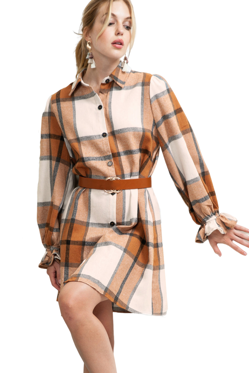 Plaid Pattern Ruffled Sleeve Dress